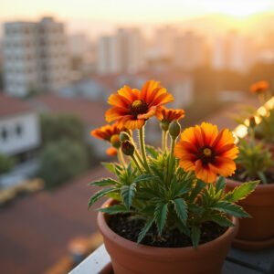 Blanket flowers growing in pot on a balcony