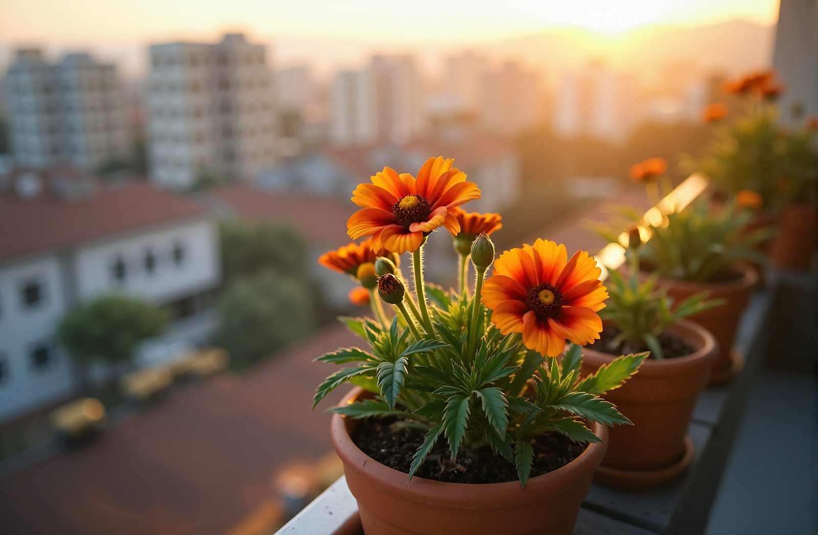 Blanket flowers growing in pot on a balcony
