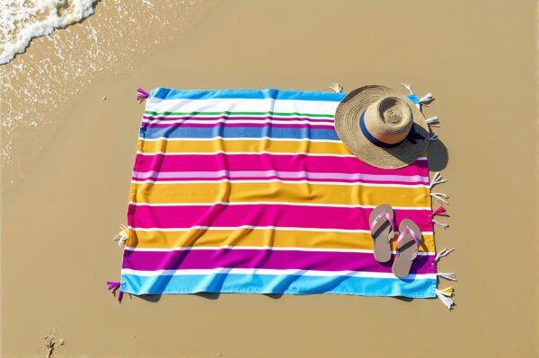 Overhead shot of a colorful beach towel, flip-flops, and a straw hat placed on smooth sand by the shoreline