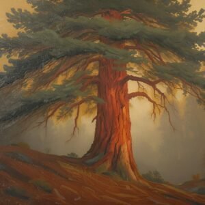 Oil-on-canvas painting of a cedar tree in a forest—free image for nature art or interior décor visuals.