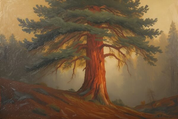 Oil painting of a cedar tree in a forest