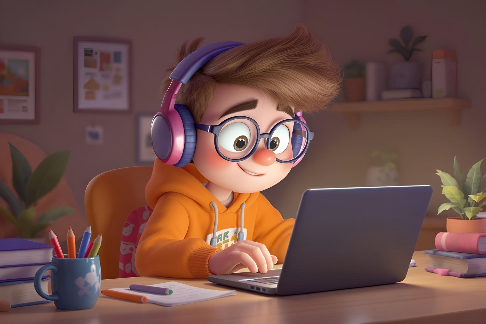 3D cartoon teen student wearing headphones and looking at a laptop screen, learning remotely from home