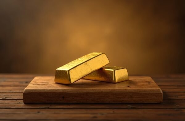 Gold ingots on wooden surface
