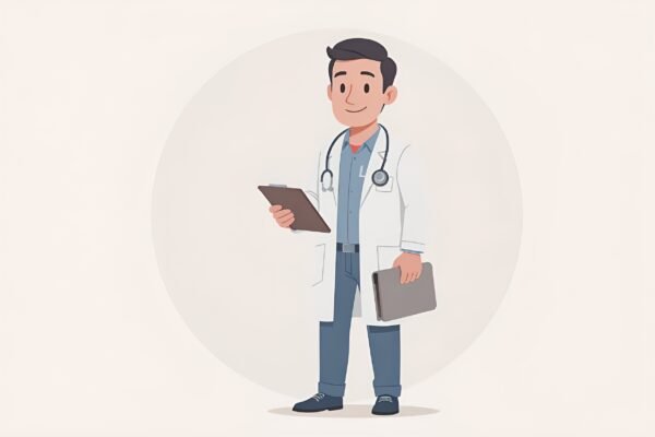 Flat vector illustration of a male doctor holding a clipboard, standing with a smile, minimal clean background