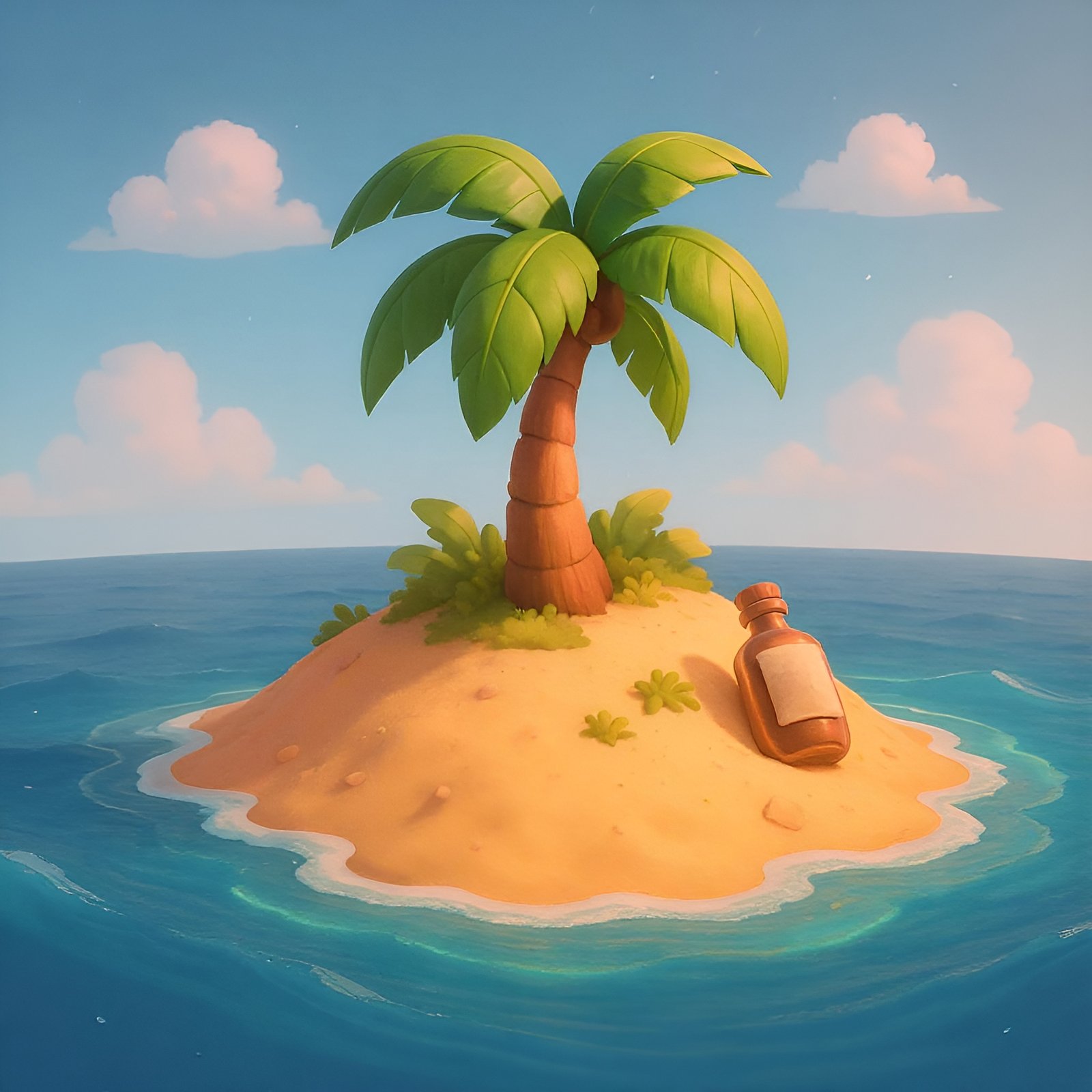 3D cartoon island with a single palm tree and a message bottle on the shore