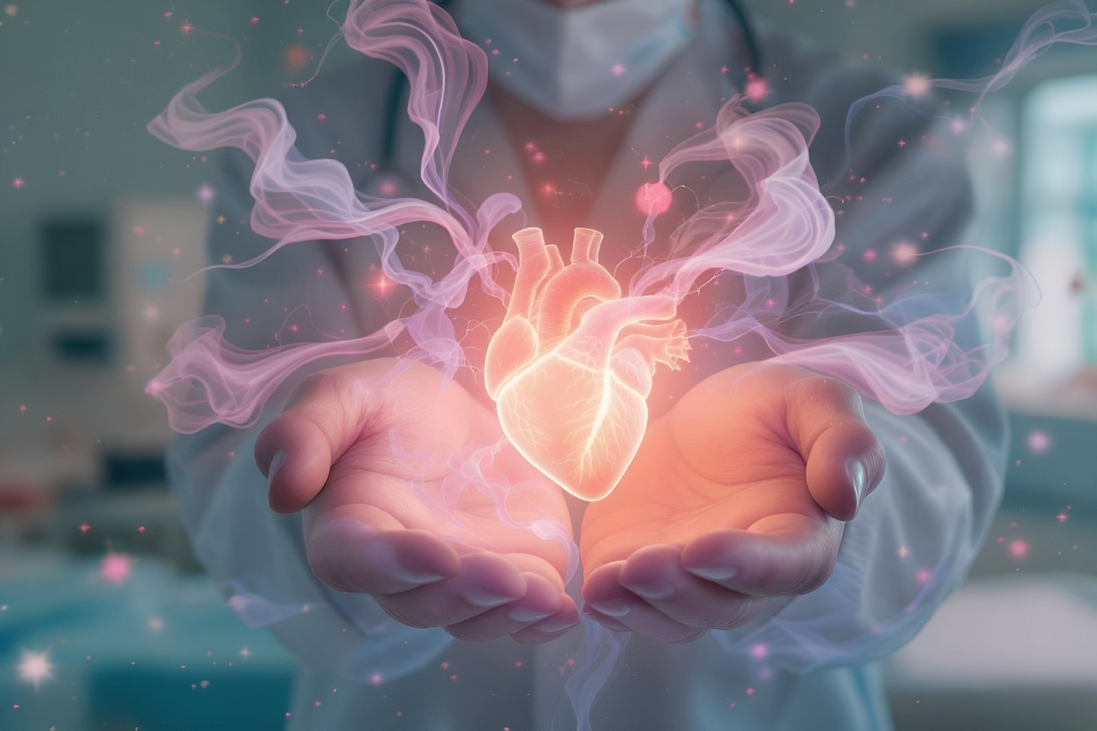 Doctor character holding a glowing heart in his hands—surreal medical-symbol illustration.