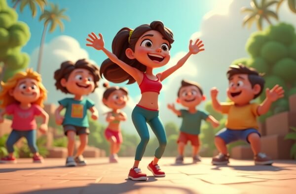 3D cartoon aerobics instructor dancing with group of people