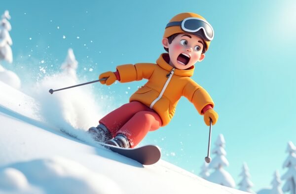 3D cartoon skier speeding downhill