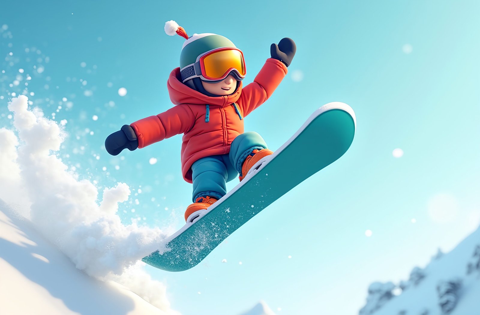 3D cartoon snowboarder character performing mid-air jump trick with snowboard in dynamic winter sports action pose