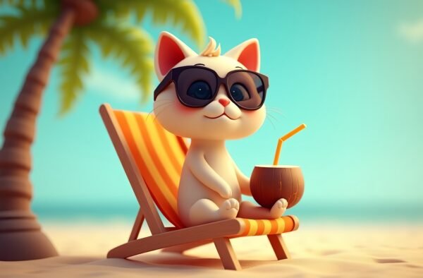 cat with sunglasses on the beach 3D cartoon