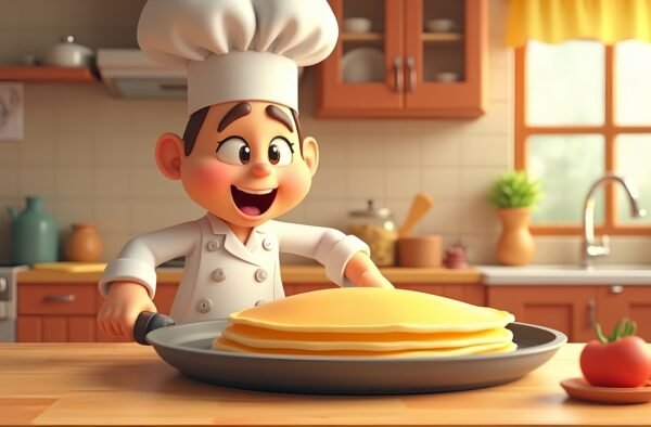 3D cartoon chef cooking a pancake in the kitchen