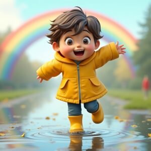 A 3D cartoon-style child jumping in puddles with rain boots and a yellow raincoat, smiling under a rainbow