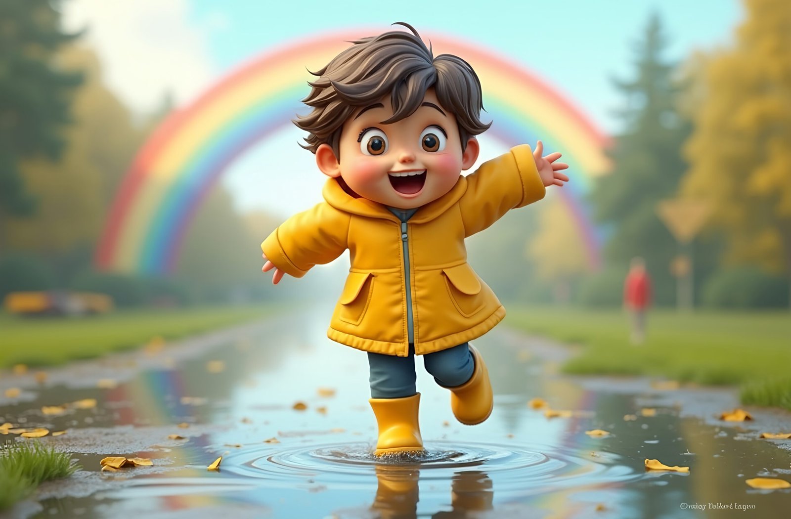 A 3D cartoon-style child jumping in puddles with rain boots and a yellow raincoat, smiling under a rainbow