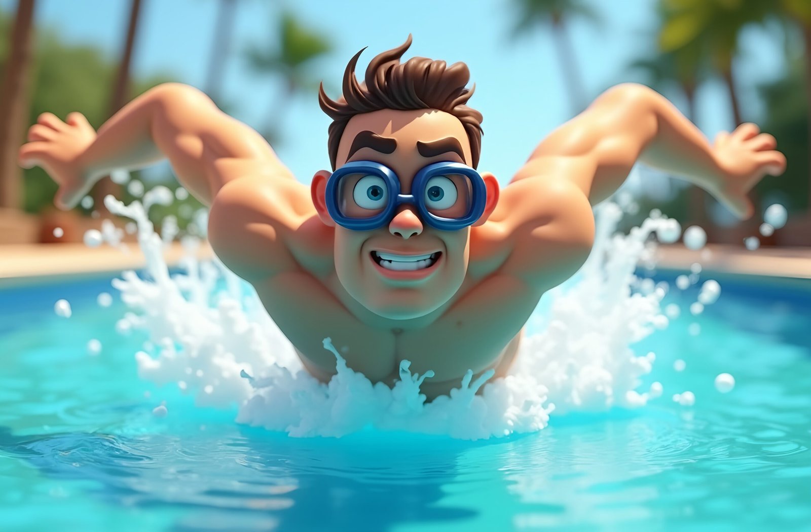 3D cartoon swimmer wearing goggles and swimming in a pool—fun sports illustration