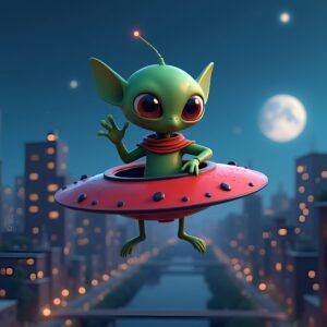 A 3D cartoonish alien waving from a flying saucer over a stylized cityscape at night