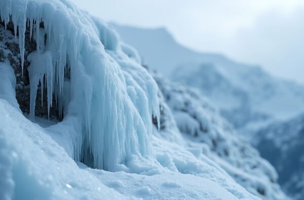 close up of snow and ice formations on the side of snowy mountain