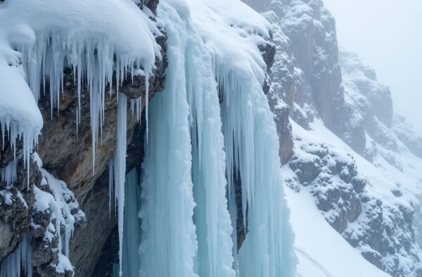 close up of snow covered rocks on snowy mountain