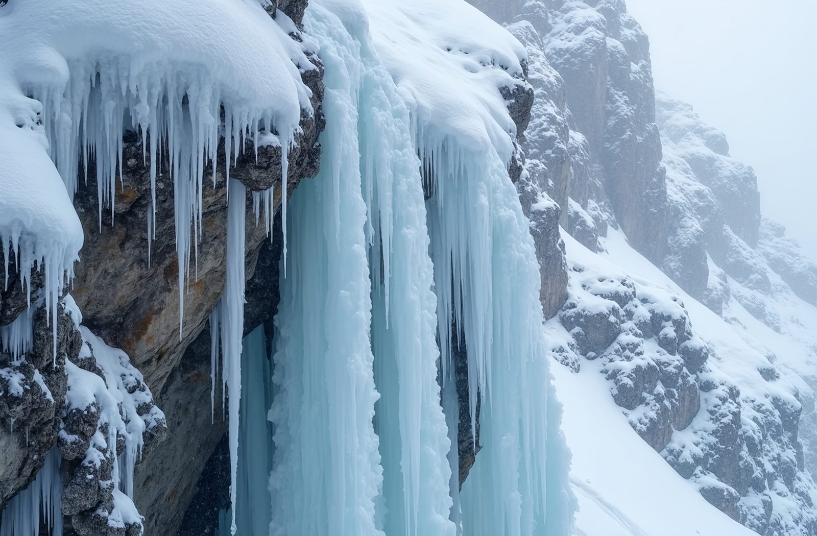 Close-up view of mountain rocks covered in snow—ideal for winter nature, texture and landscape visuals
