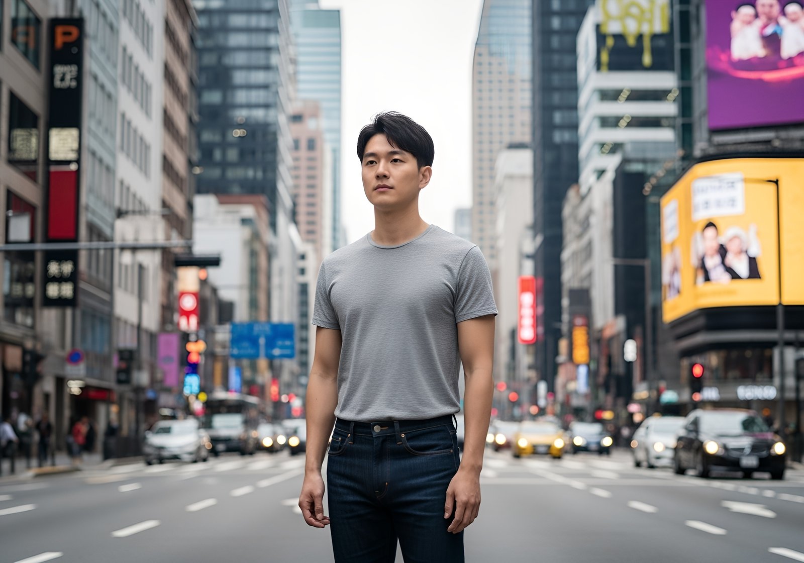 Young Asian man standing confidently on city street—ideal for urban lifestyle, fashion and business visuals