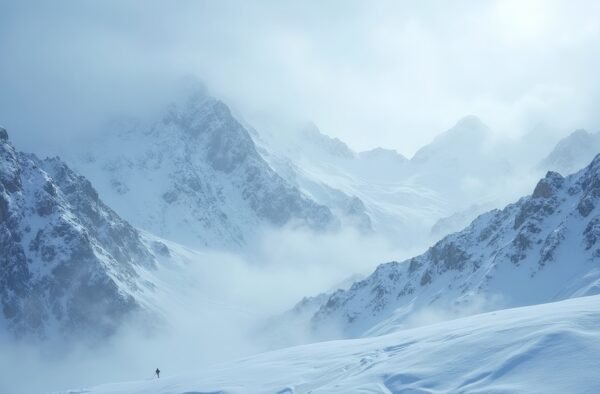 snowstorm over snowy mountain