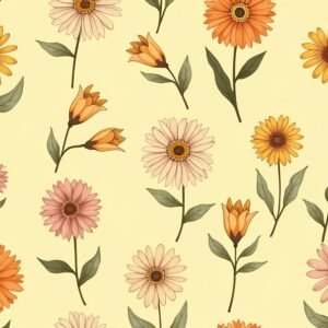 Seamless repeating pattern of blanket flowers on light yellow background—ideal for print, textile and botanical visuals