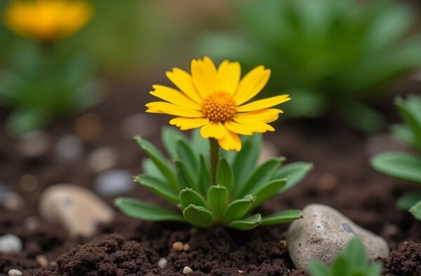 close up shot of yellow blanket flower in rustic garden bed