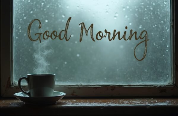 coffee mug on a windowsill with Good Morning on window