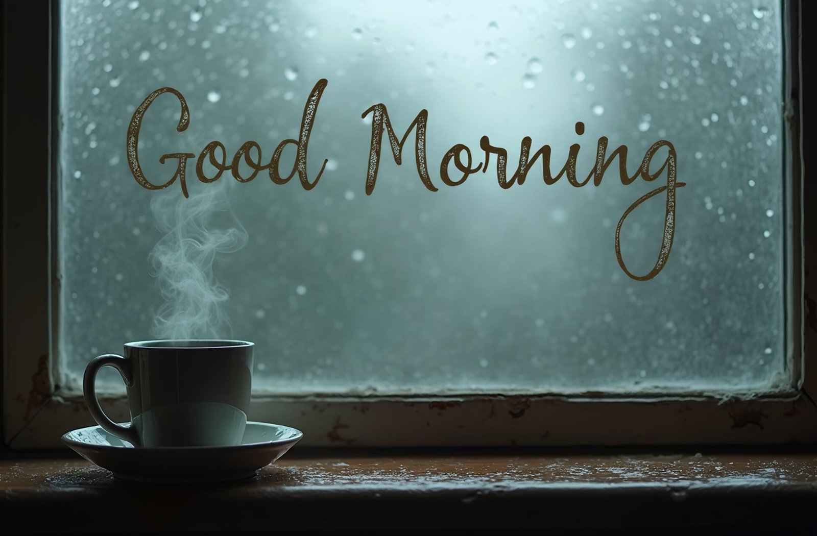 Coffee mug on a windowsill with “Good Morning” text—free image for morning, lifestyle or breakfast visuals.