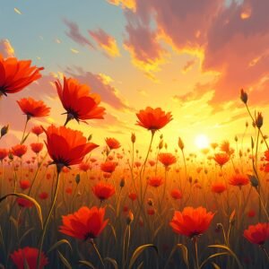 Digital painting of blanket flower field at sunset—ideal for floral art, nature décor and landscape visuals