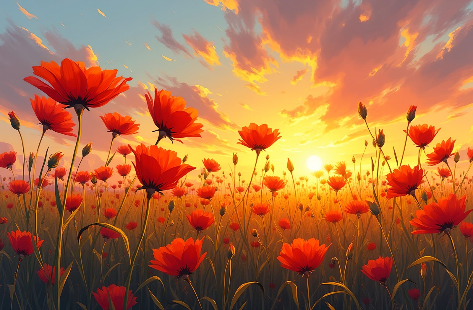 Digital painting of blanket flower field at sunset—ideal for floral art, nature décor and landscape visuals