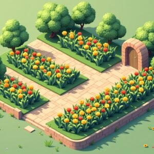 Isometric illustration of a colorful flower garden—perfect for vector design, landscape mockups, and creative styling