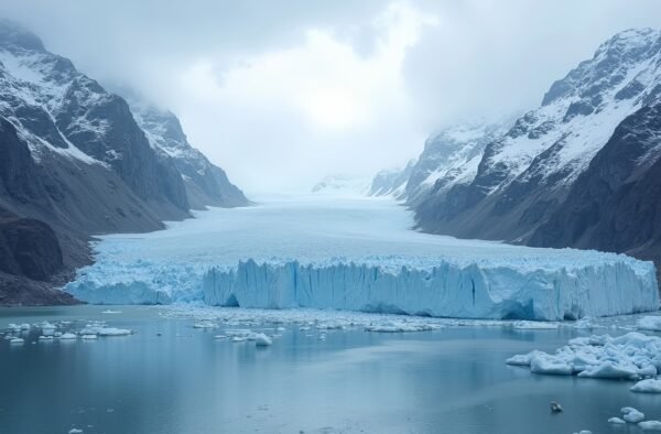 glacier cascading down between snowy mountains