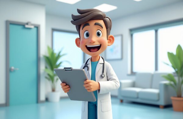 3D cartoon happy doctor in white coat with stethoscope holding clipboard at modern clinic