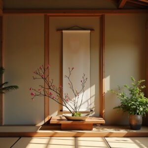 Interior of a Japanese home with tokonoma alcove featuring a hanging scroll and ikebana flower arrangement