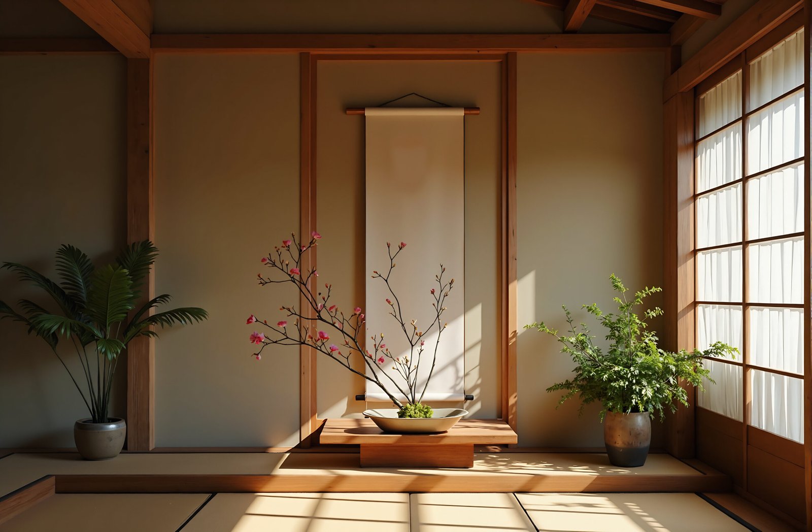 Interior of a Japanese home with tokonoma alcove featuring a hanging scroll and ikebana flower arrangement