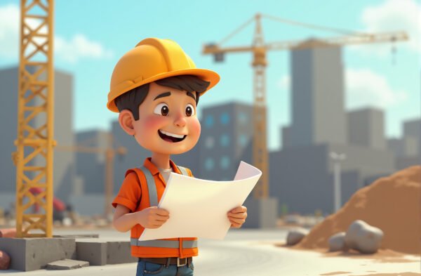 3D cartoon construction worker carrying blueprints on a construction site