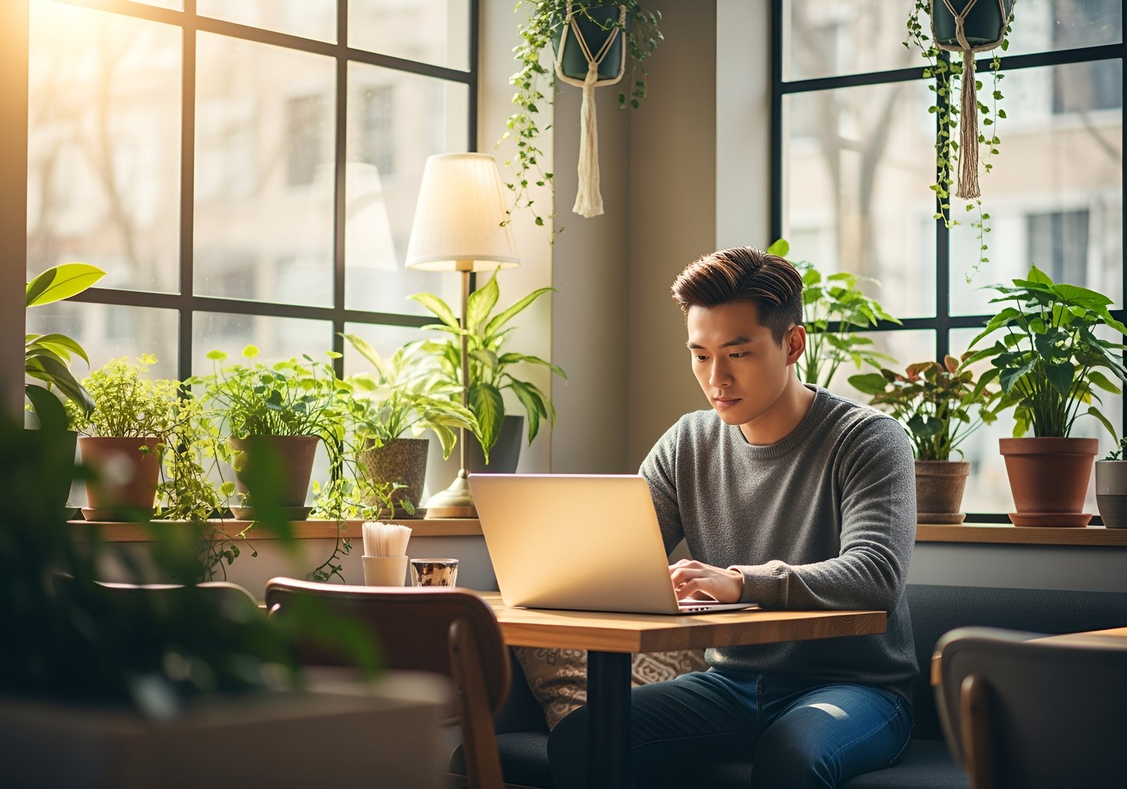 An Asian man working on a laptop in a cozy cafe with natural lighting and plants around
