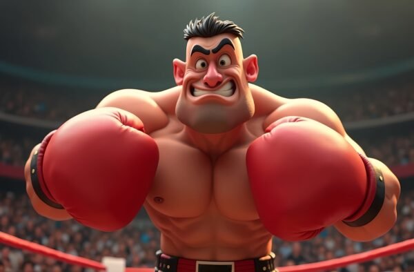 3D cartoon muscled boxer in the ring