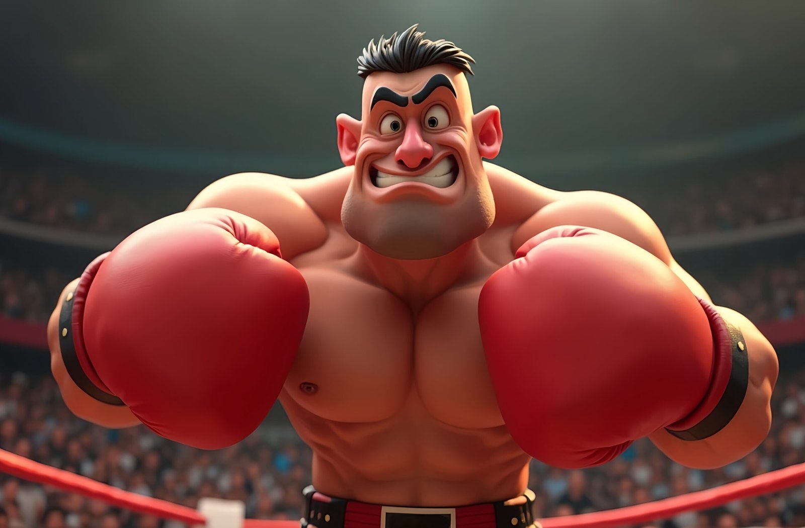 3D cartoon boxer with muscular build standing in a boxing ring—great for sports, fitness, and dynamic illustration visuals