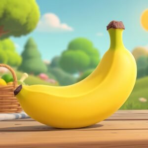 Cute 3D cartoon banana with happy expression sitting on wooden picnic table in bright sunny outdoor setting