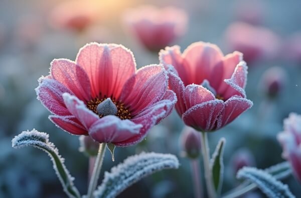 pink flowers covered in frost in early morning
