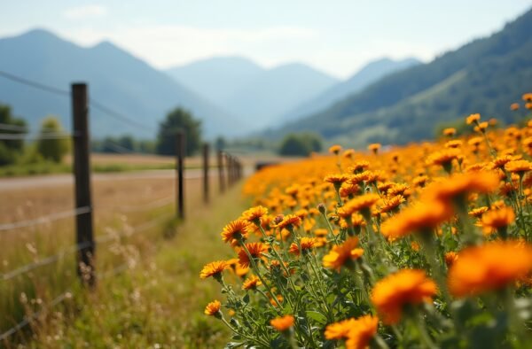 blanket flowers growing along rural fence line