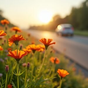 Blanket flowers (Gaillardia) blooming by roadside, ideal for nature, wildflower, and landscape visuals