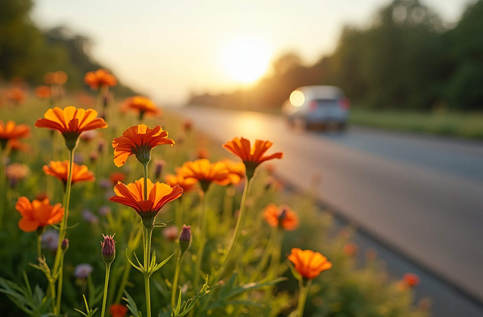 Blanket flowers (Gaillardia) blooming by roadside, ideal for nature, wildflower, and landscape visuals