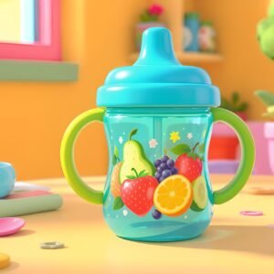 Bright and colorful 3D render of a sippy cup with fruit graphics, placed on a stylized cartoon table