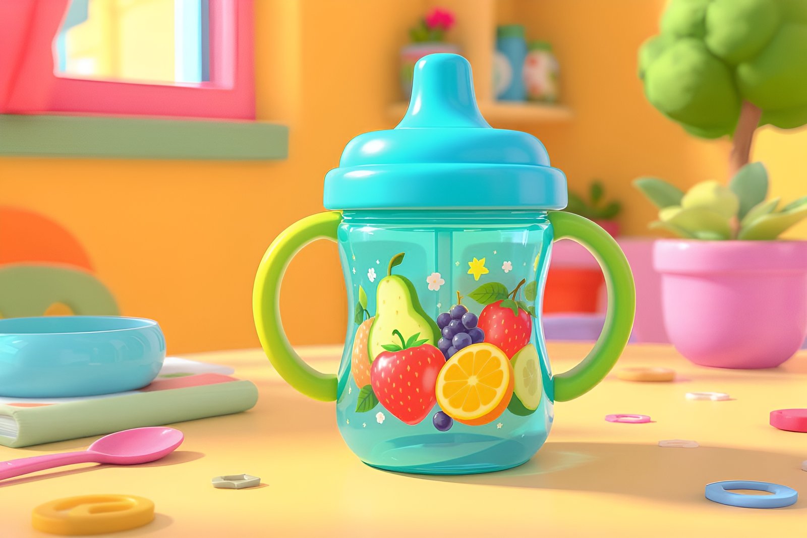Bright and colorful 3D render of a sippy cup with fruit graphics, placed on a stylized cartoon table