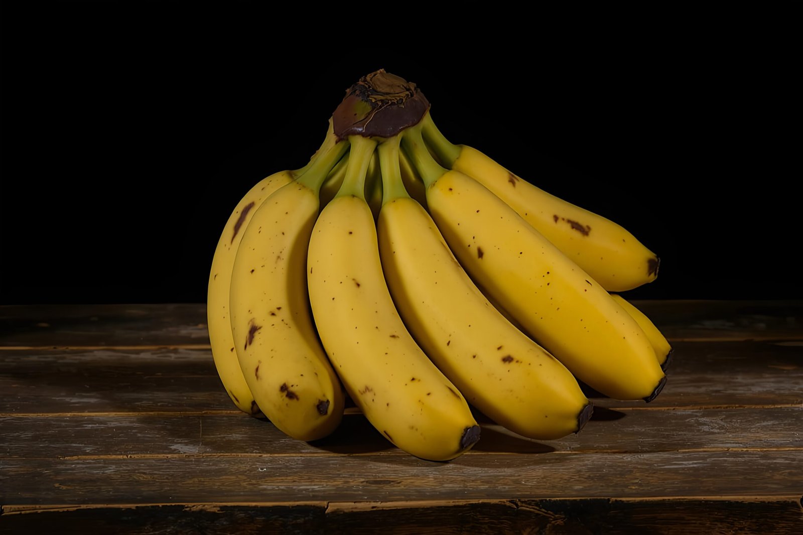 Bunch of golden ripe bananas sitting on rustic weathered wooden table surface in natural farm kitchen setting