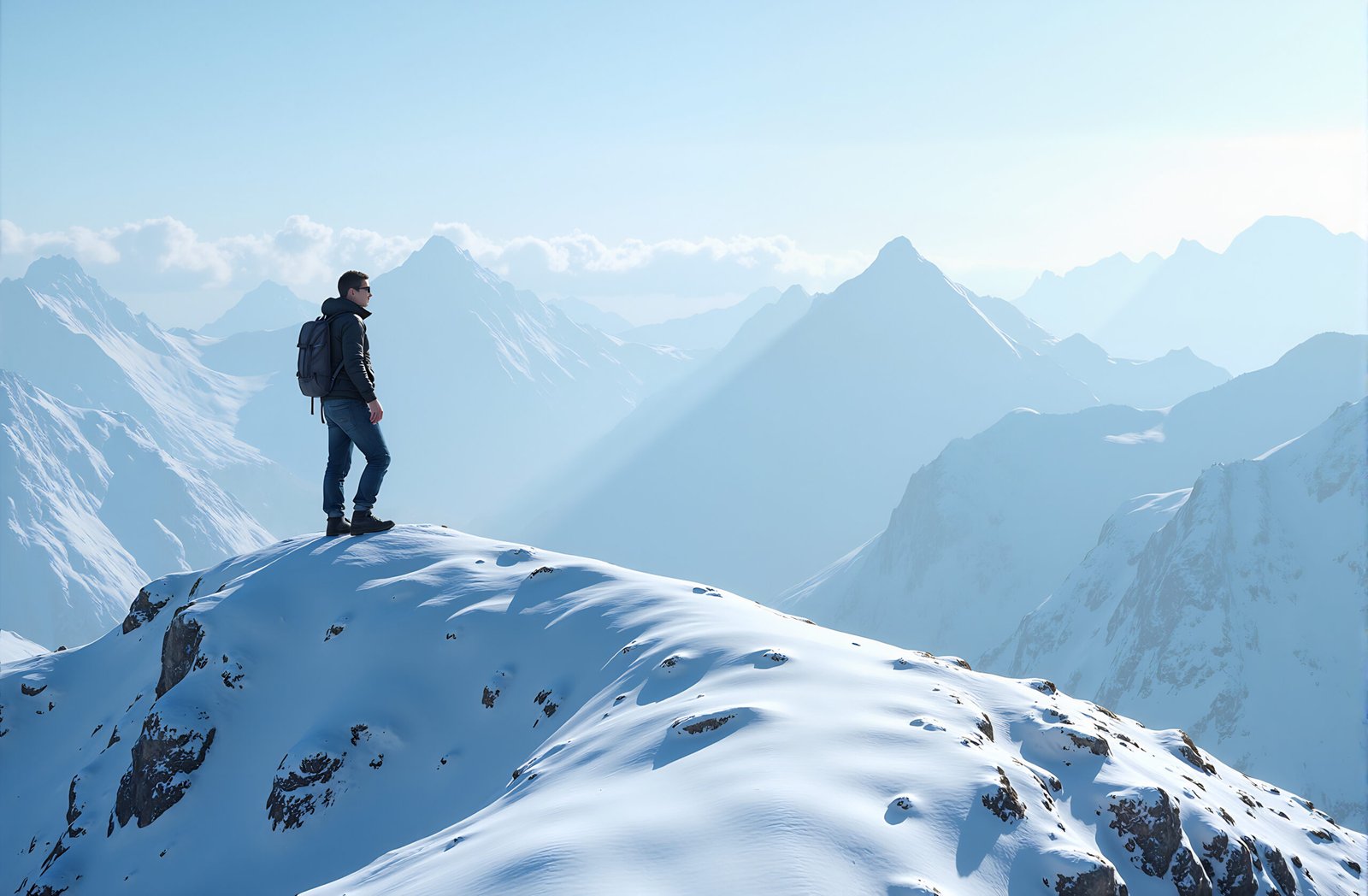 lone hiker standing on a snowy mountain ridge