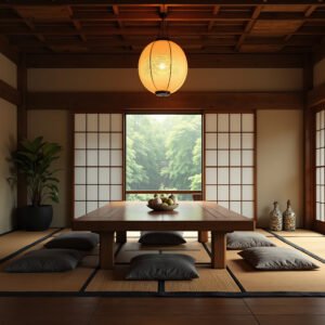 Japanese-style dining area with low table and floor seating, wooden beams and paper lantern lighting