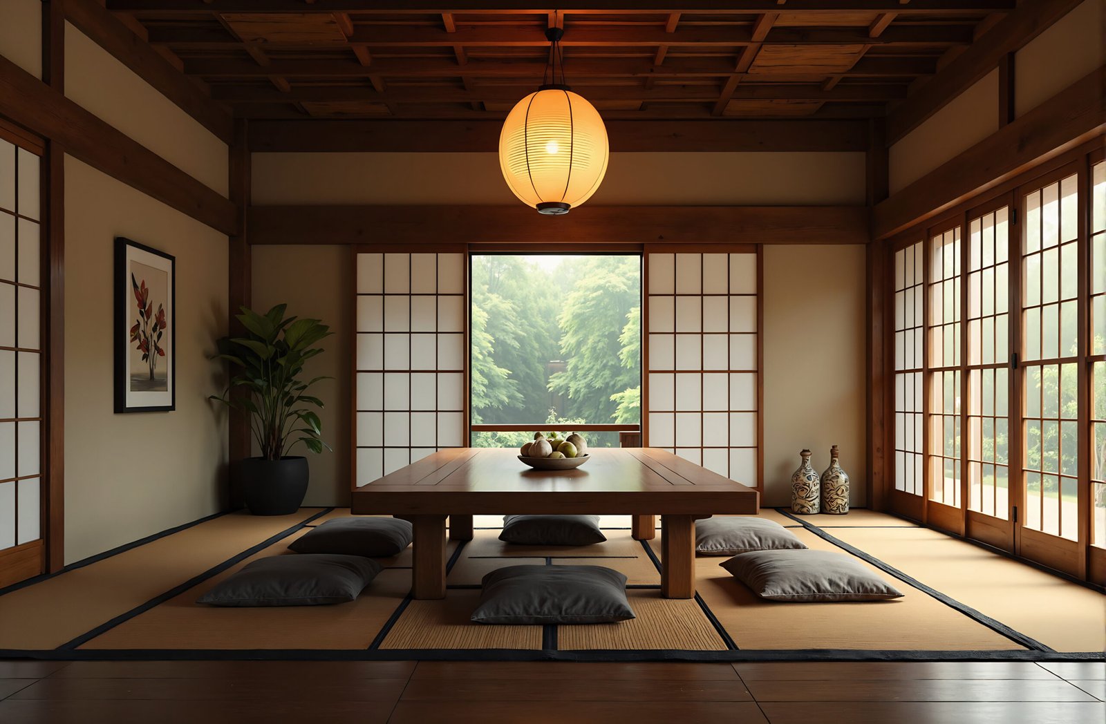 Japanese-style dining area with low table and floor seating, wooden beams and paper lantern lighting